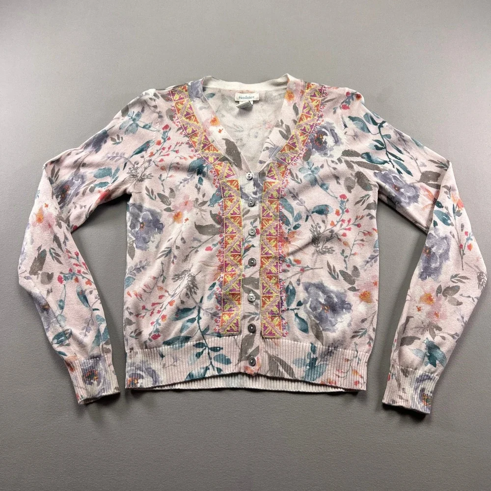 Sundance Cardigan Sweater Womens XS Multicolor Floral Cotton Ribbed Knit V Neck